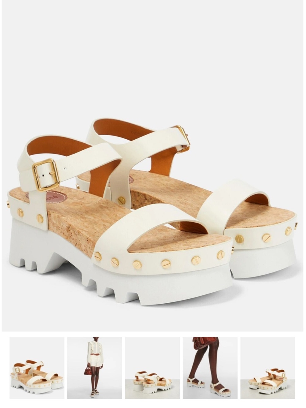 Chloe Owena White Platform Cork Sandals with Gold Studs